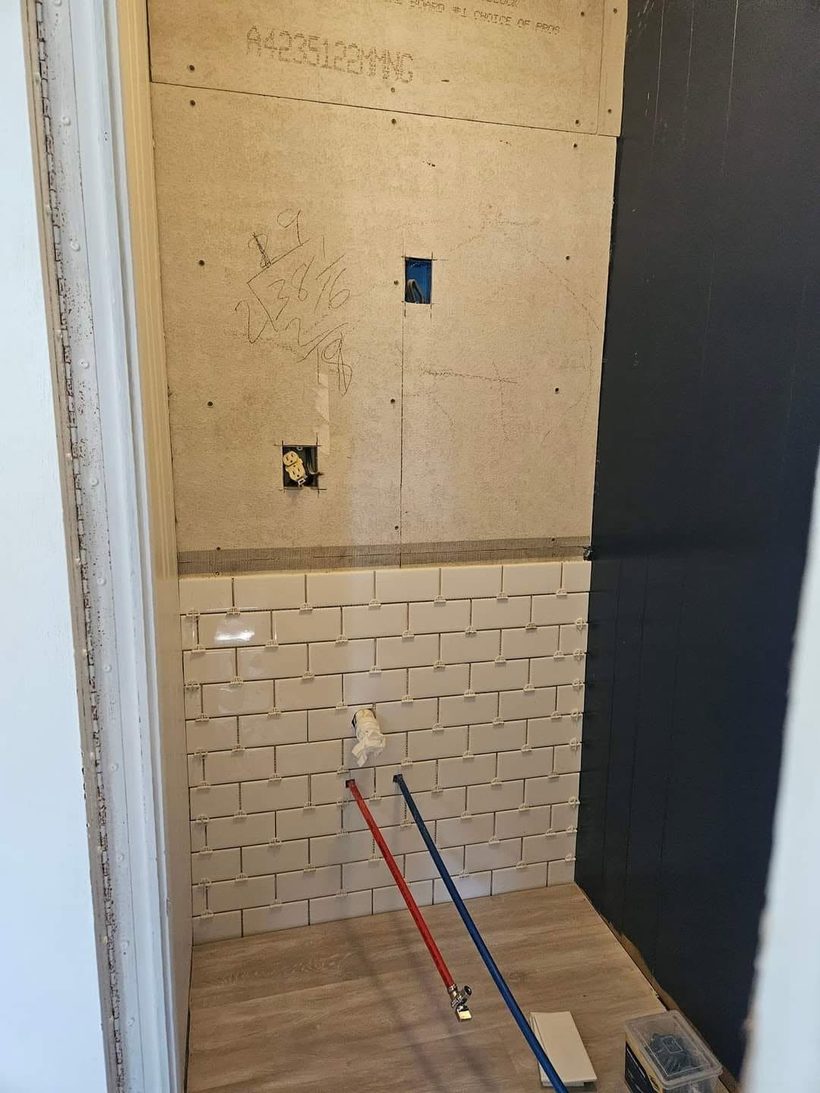Commercial restroom tile, mid-install — B&W Floor Covering, Lake of the Ozarks